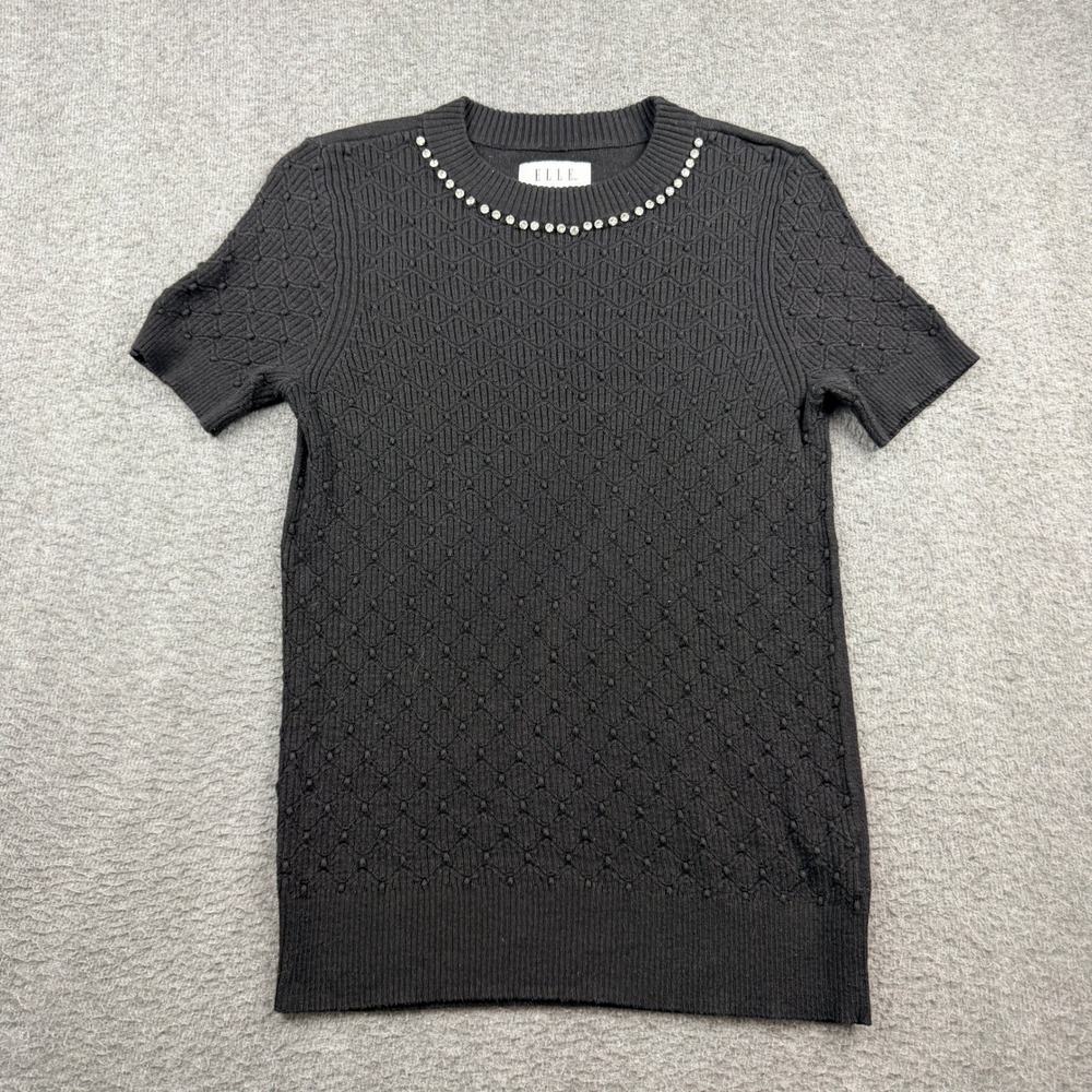 ELLE Women's S Small Black Short Sleeve Rhinestone Neck Pointelle Knit‎ Sweater